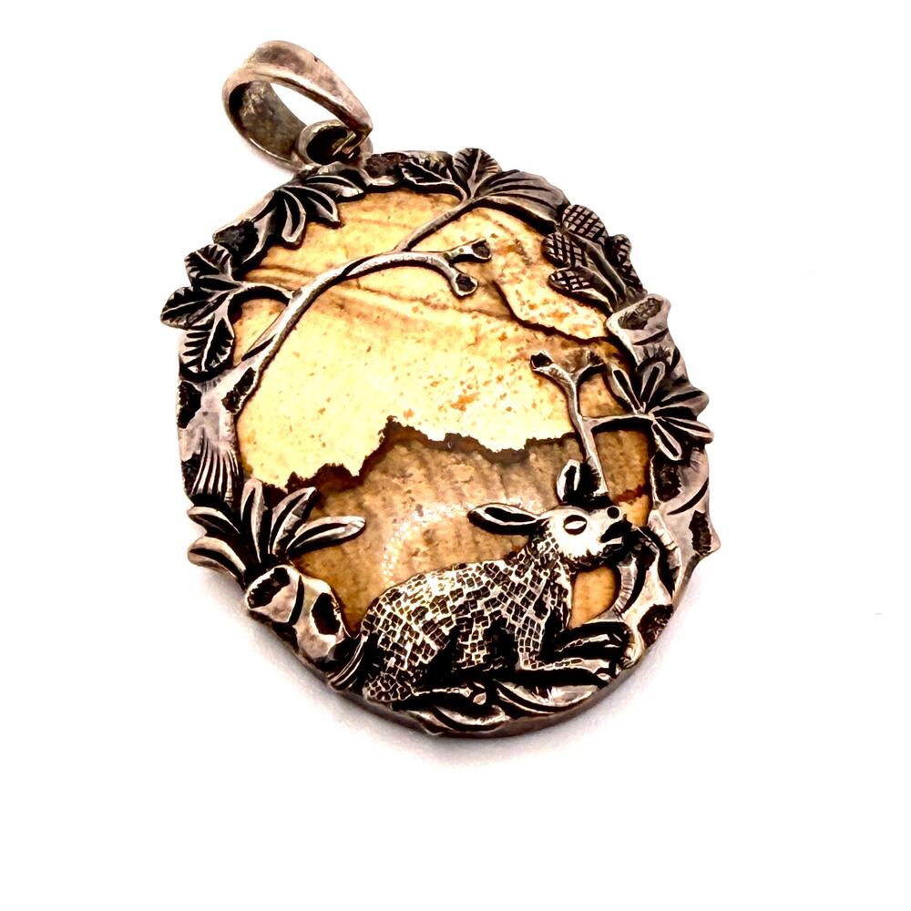 Vintage 90s Picture Jasper Rabbit Nature Sterling Silver Pendant